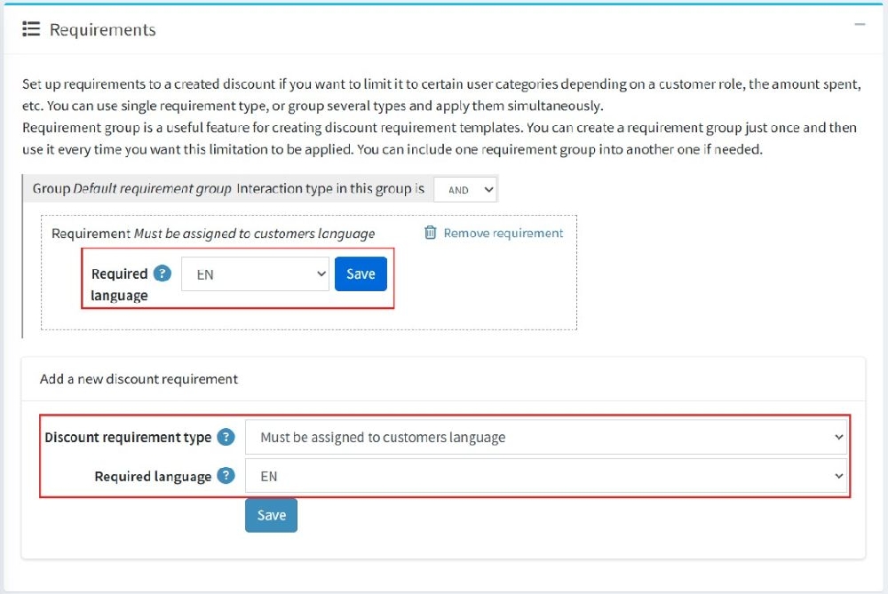 discount on customers language requirement type